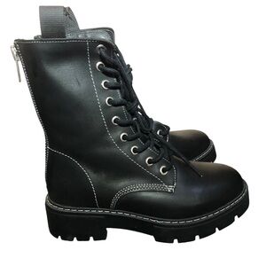 Black Leather Lace-Up back zip Combat Boots